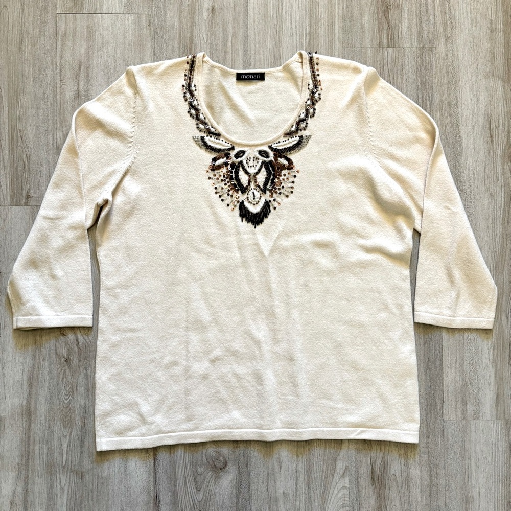 Vintage Monari Womens Blouse Size 12‎ Top 3/4 Sleeve Cotton Beaded Embroidered